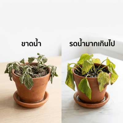 ใบพืชเหี่ยวเฉาได้จากทั้งภาวะขาดน้ำและการรดน้ำมากเกินไป