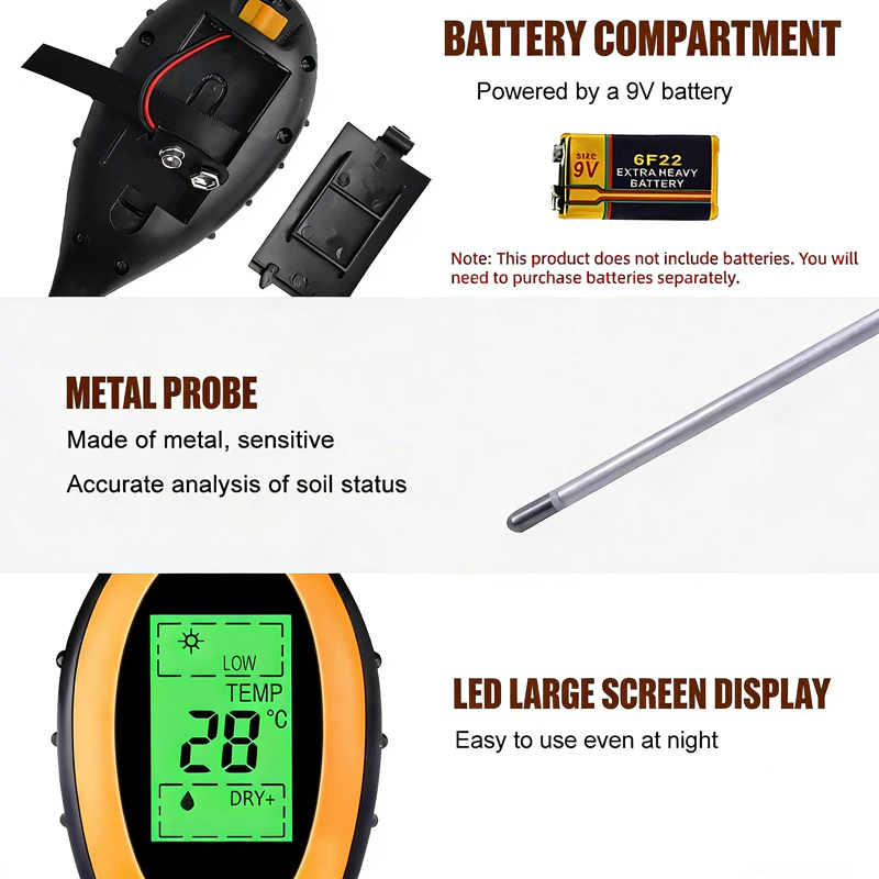 เครื่องวัดดิน 4 อิน 1 วัดความชื้น แสงแดด ค่า pH และอุณหภูมิดิน จอ LCD ดิจิตอล - Image 3